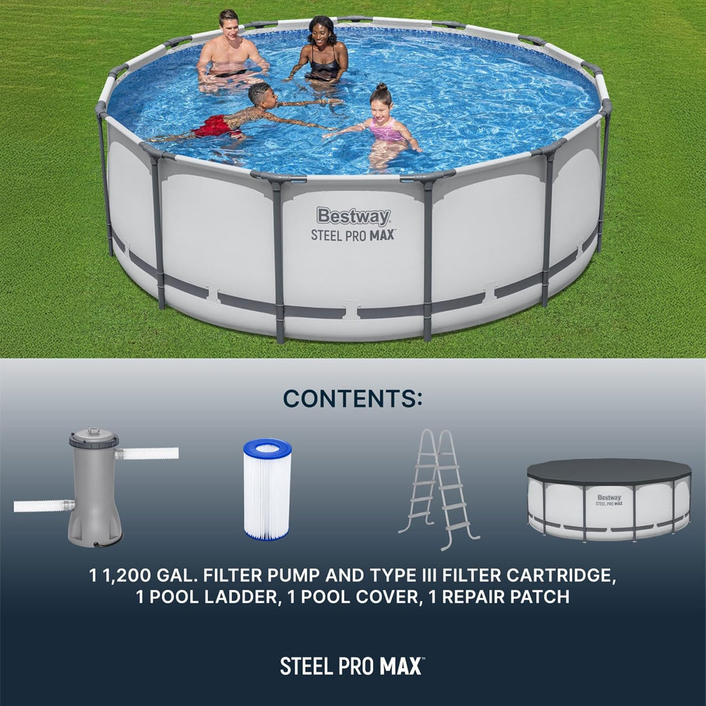 Steel Pro MAX 14 Foot x 48 Inch Round Metal Frame Above Ground Outdoor Swimming Pool Set wourant