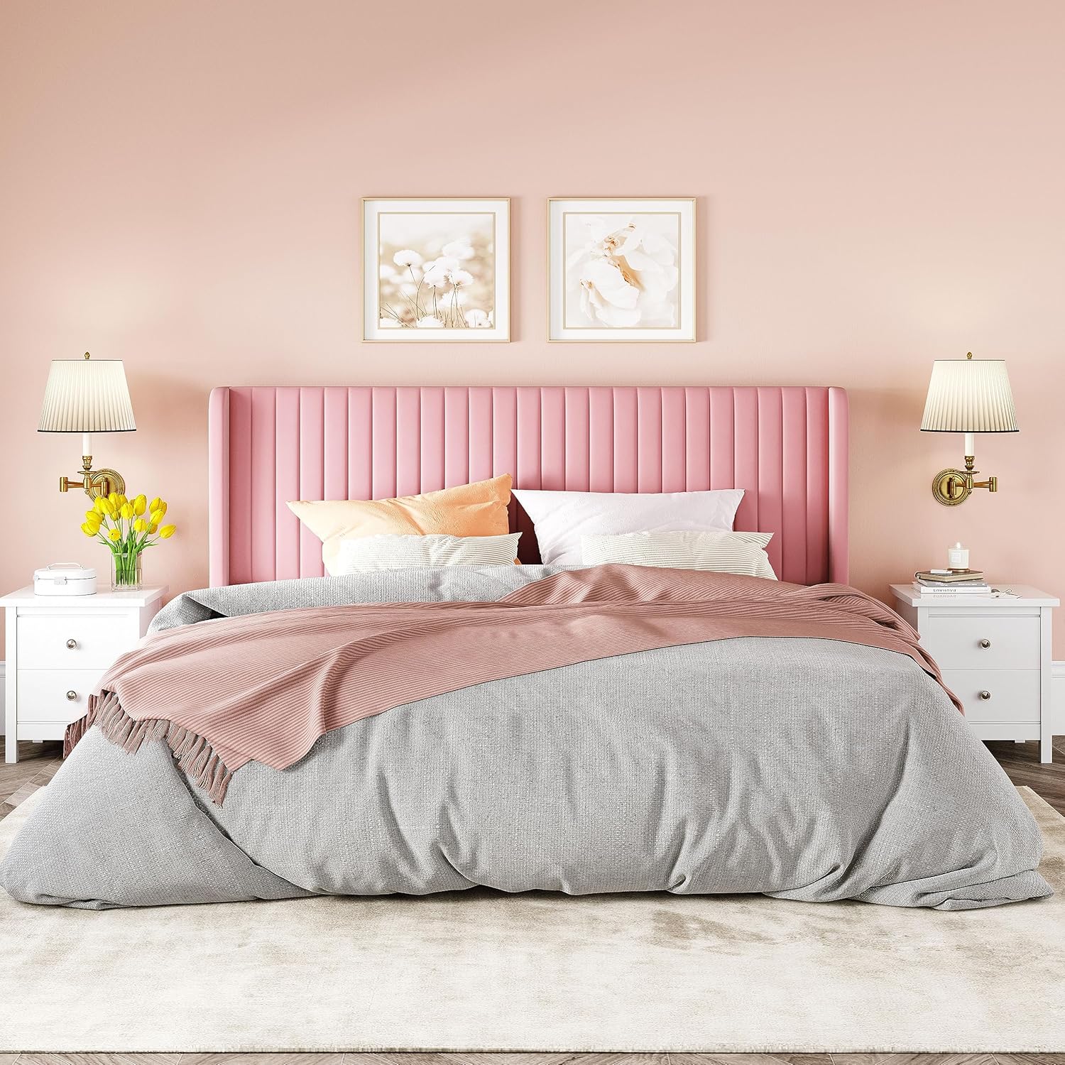 Allewie Full Size Velvet Bed Frame Vertical Channel Tufted Wingback Headboard Upholstered Bed wourant