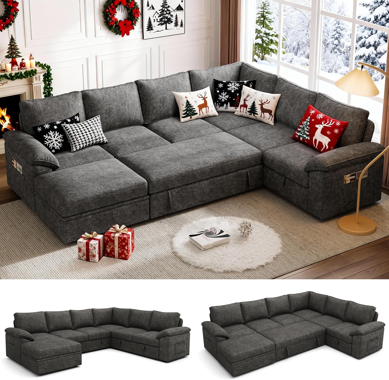 108 Inch Sectional Sleeper Sofa with Pull Out Bed, U Shaped 7 Seat Modular Sectional Sofa wourant