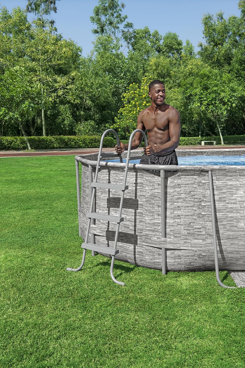 Power Steel 14' x 8'2" x 39.5" Oval Above Ground Pool Set | Includes 530gal Filter Pump, Ladder, ChemConnect Dispener wourant
