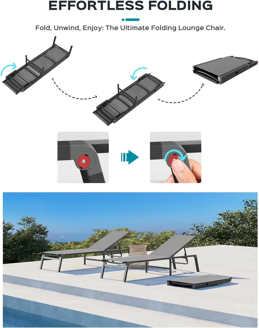 Aluminum Chaise Lounge Outdoor Foldable Assemble Free Outdoor Lounge Chair 5 Adjustable Backrest wourant