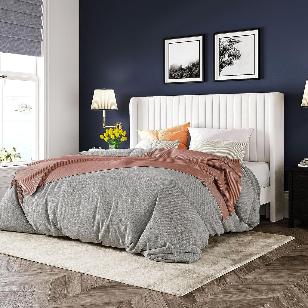 Allewie Full Size Velvet Bed Frame Vertical Channel Tufted Wingback Headboard Upholstered Bed wourant