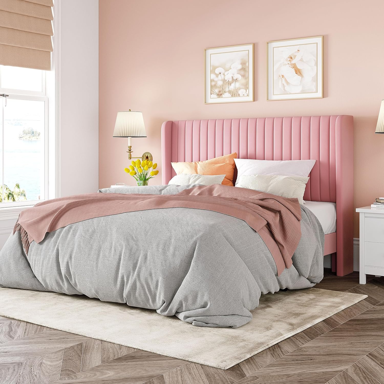 Allewie Full Size Velvet Bed Frame Vertical Channel Tufted Wingback Headboard Upholstered Bed wourant