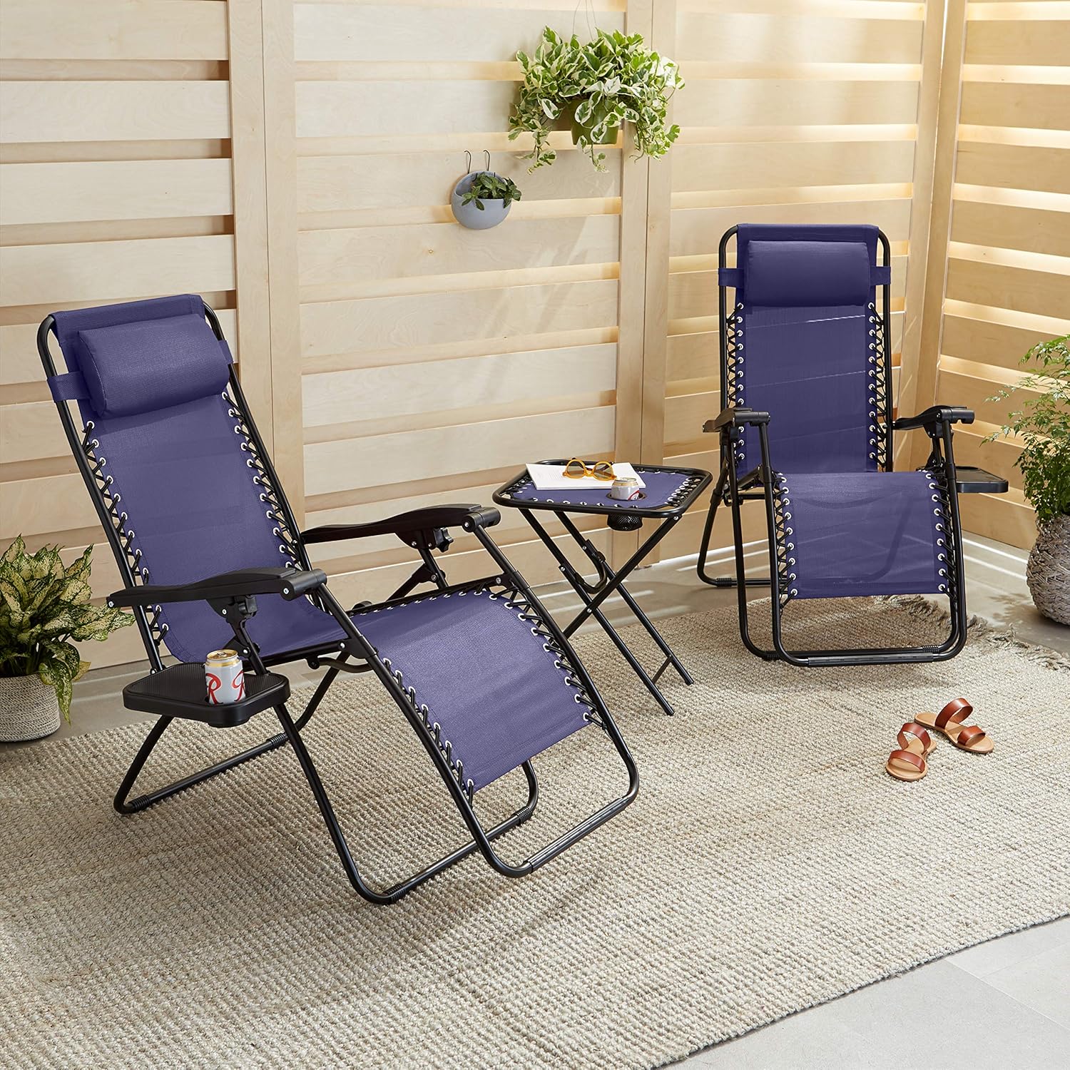 Amazon Basics Outdoor Patio Mesh Adjustable Zero Gravity Lounge Chair Recliners set of 2 with Side Table, 35 x 26 x 43 inches, Beige wourant