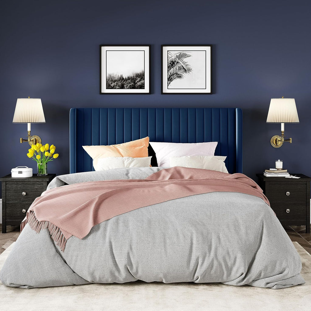 Allewie Full Size Velvet Bed Frame Vertical Channel Tufted Wingback Headboard Upholstered Bed wourant
