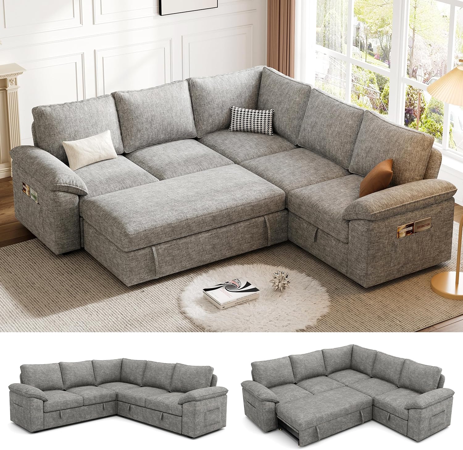 108 Inch Sectional Sleeper Sofa with Pull Out Bed, U Shaped 7 Seat Modular Sectional Sofa wourant