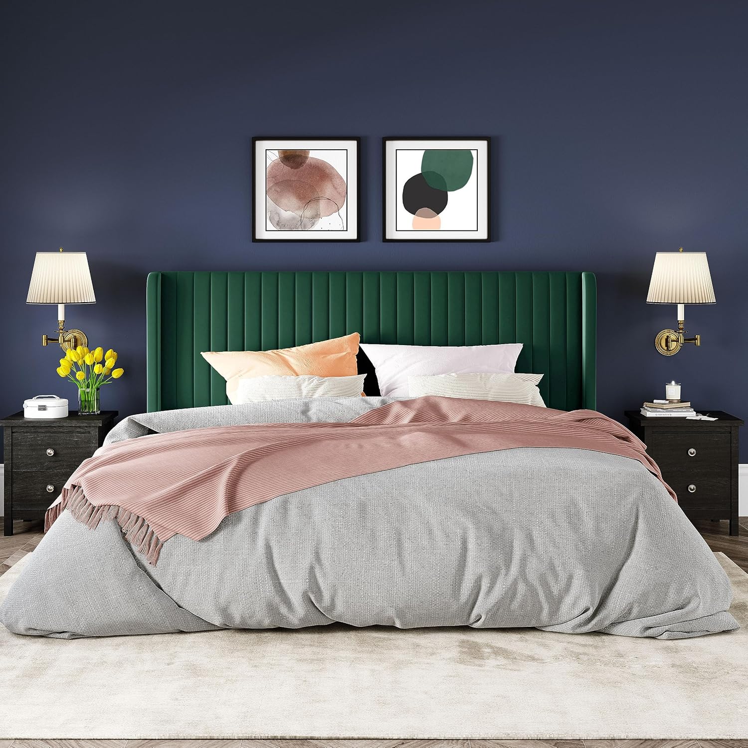 Allewie Full Size Velvet Bed Frame Vertical Channel Tufted Wingback Headboard Upholstered Bed wourant