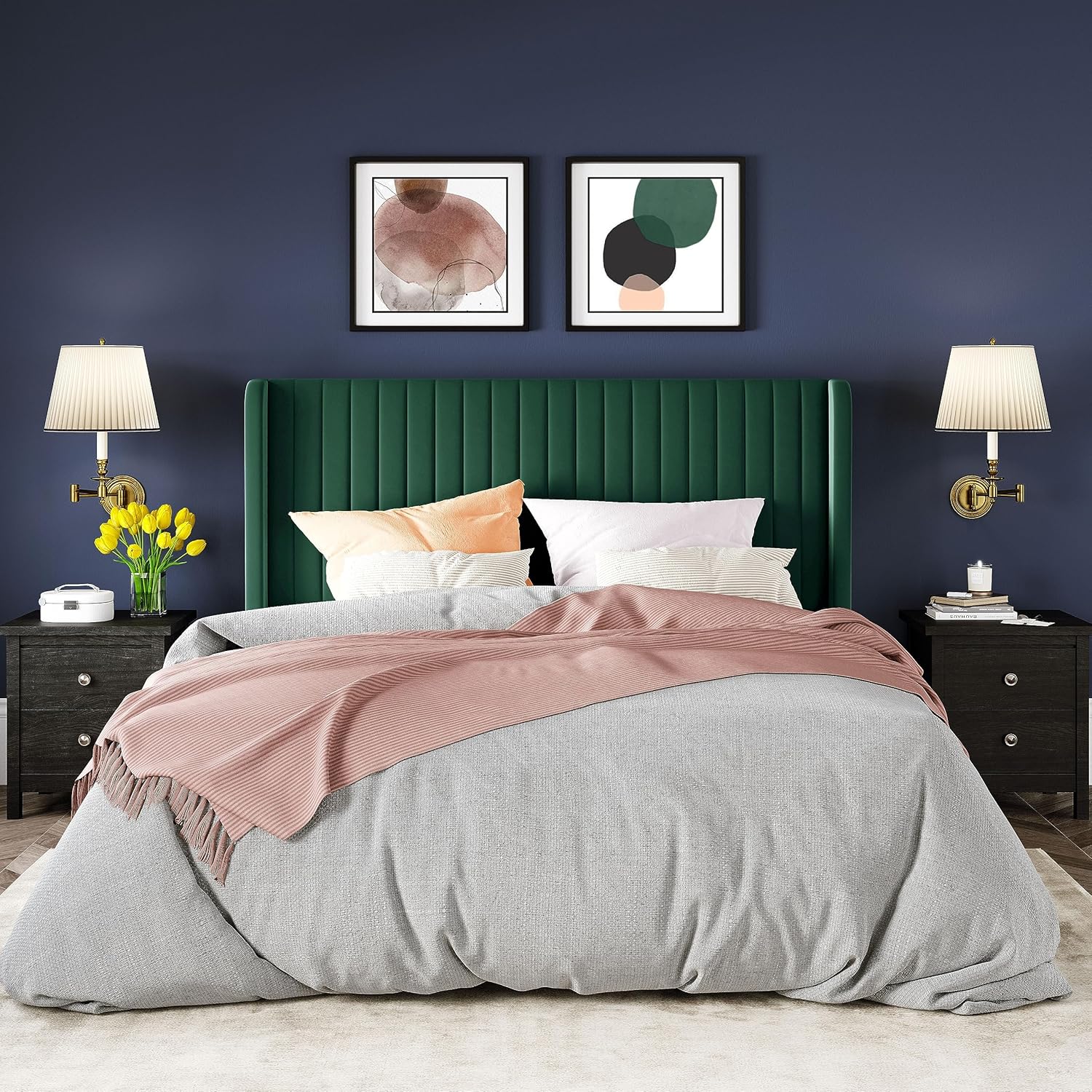 Allewie Full Size Velvet Bed Frame Vertical Channel Tufted Wingback Headboard Upholstered Bed wourant