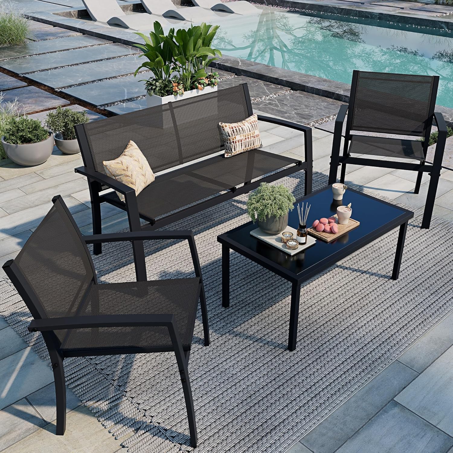 Shintenchi 4 Pieces Patio Furniture Set All Weather Textile Fabric Outdoor Conversation Set, with Glass Coffee Table, Loveseat, 2 Single Chairs for Home, Garden, Lawn woonhhop