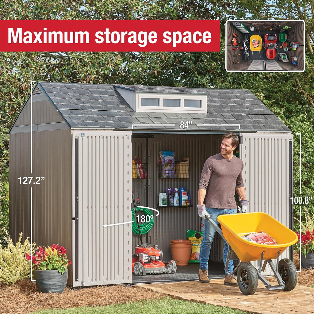 Rubbermaid Resin Outdoor Storage Shed With Floor (7 x 7 Ft) Weather Resistant Gray Organization for Home/Backyard/Garden Tools/Lawn Mower/Bike Storage/Pool Supplies wourant
