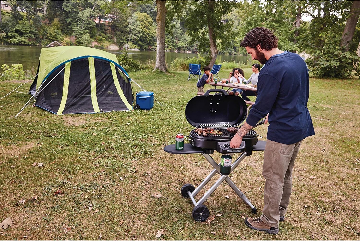 RoadTrip 285 Portable Stand-Up Propane Grill with 3 Adjustable Burners & Instastart Ignition, 20,000 BTUs of Power for Outdoor Cooking, Camping, Tailgating, Grilling, BBQs, & More wourant