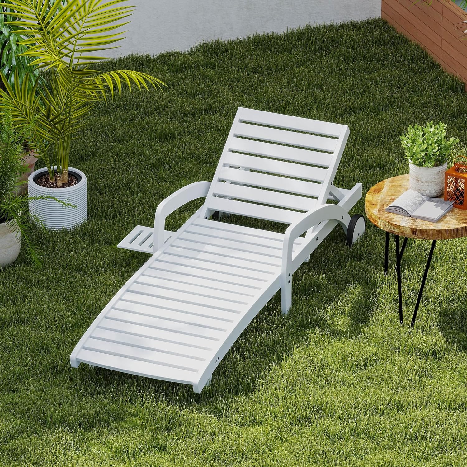 Pool Chaise Lounge Chairs Set of 4 5-Position Adjustable Outdoor Patio Lounge Chairs Wood Reclining Chaise Lounger Chair with Pullout Side Table wourant