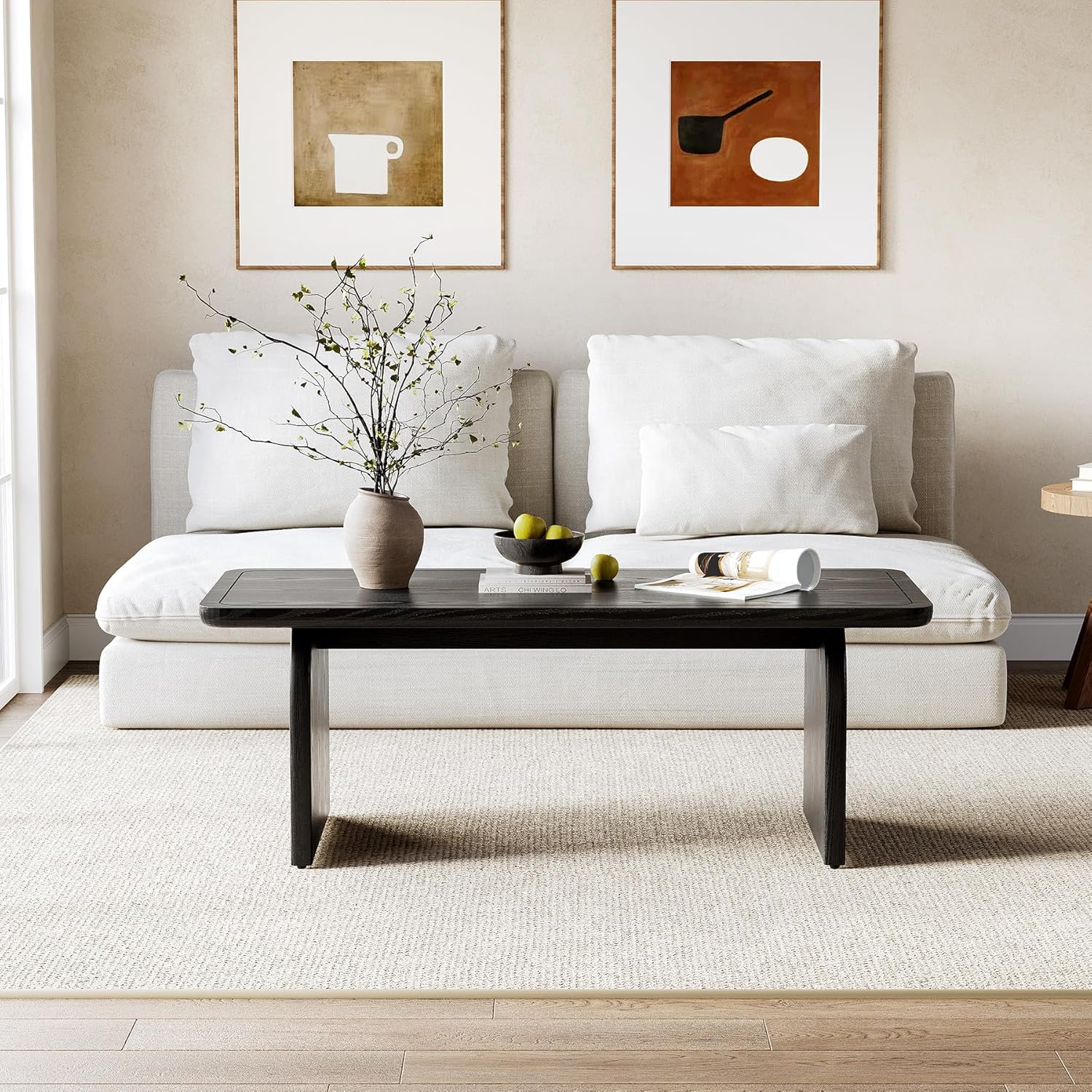 LITTLE TREE Farmhouse Coffee Table 47 Inch Round Corner Wood Center Table Rectangular wourant