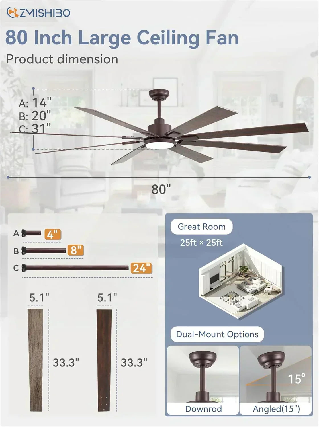 Zmishibo 72-inch large ceiling fan with lighting and remote indoor/outdoor wourant