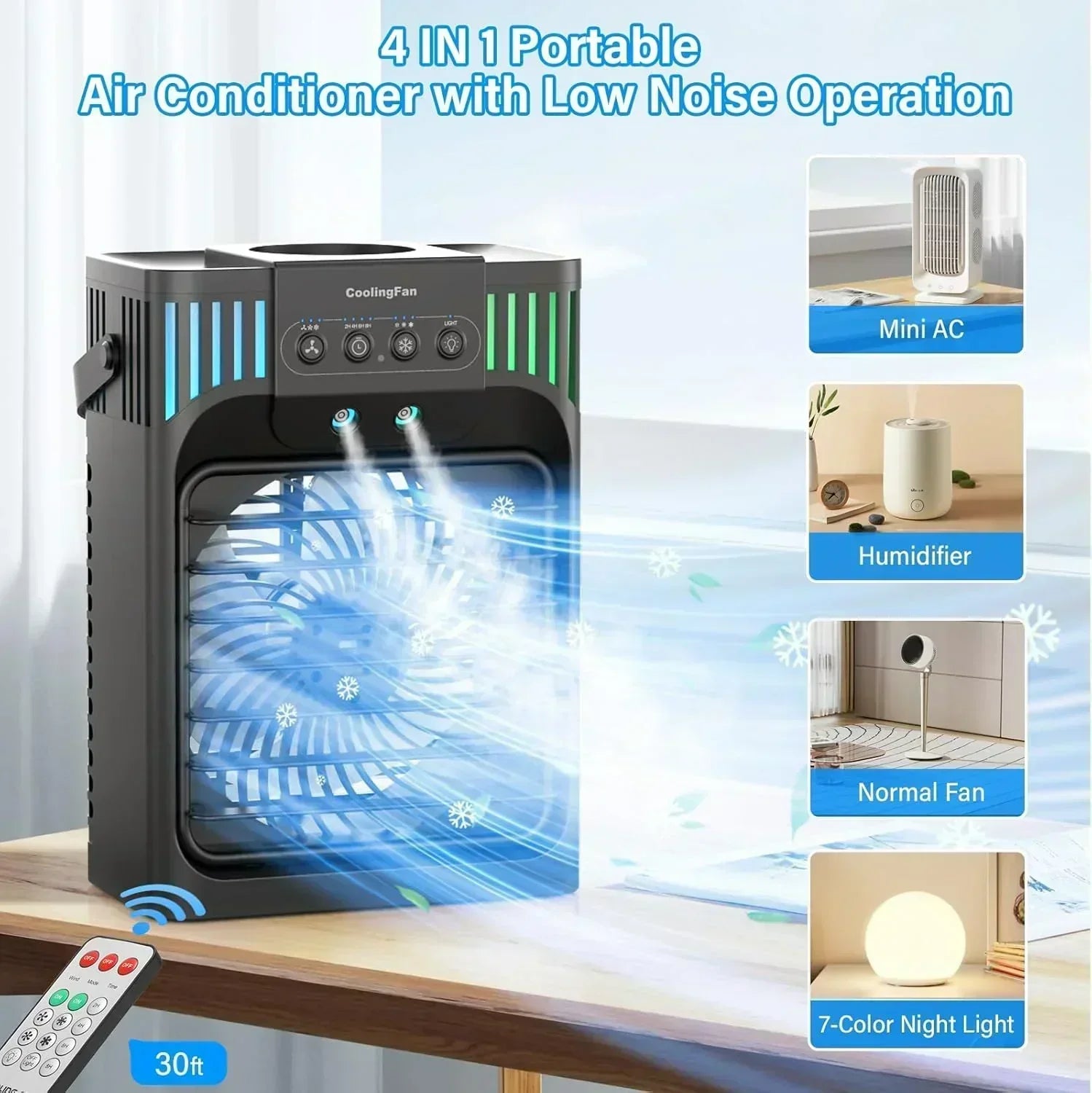 Portable Air Conditioners 4-in-1 Evaporative Air Cooler 3 Modes 7 LED Light Cooling Fan wourant