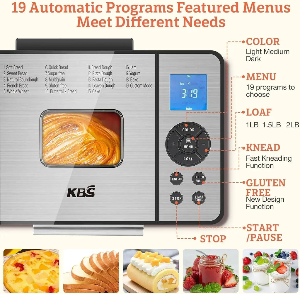 KBS 2LB Bread Maker 19-in-1 Automatic Stainless Steel Bread Maker with Ceramic Pot wourant