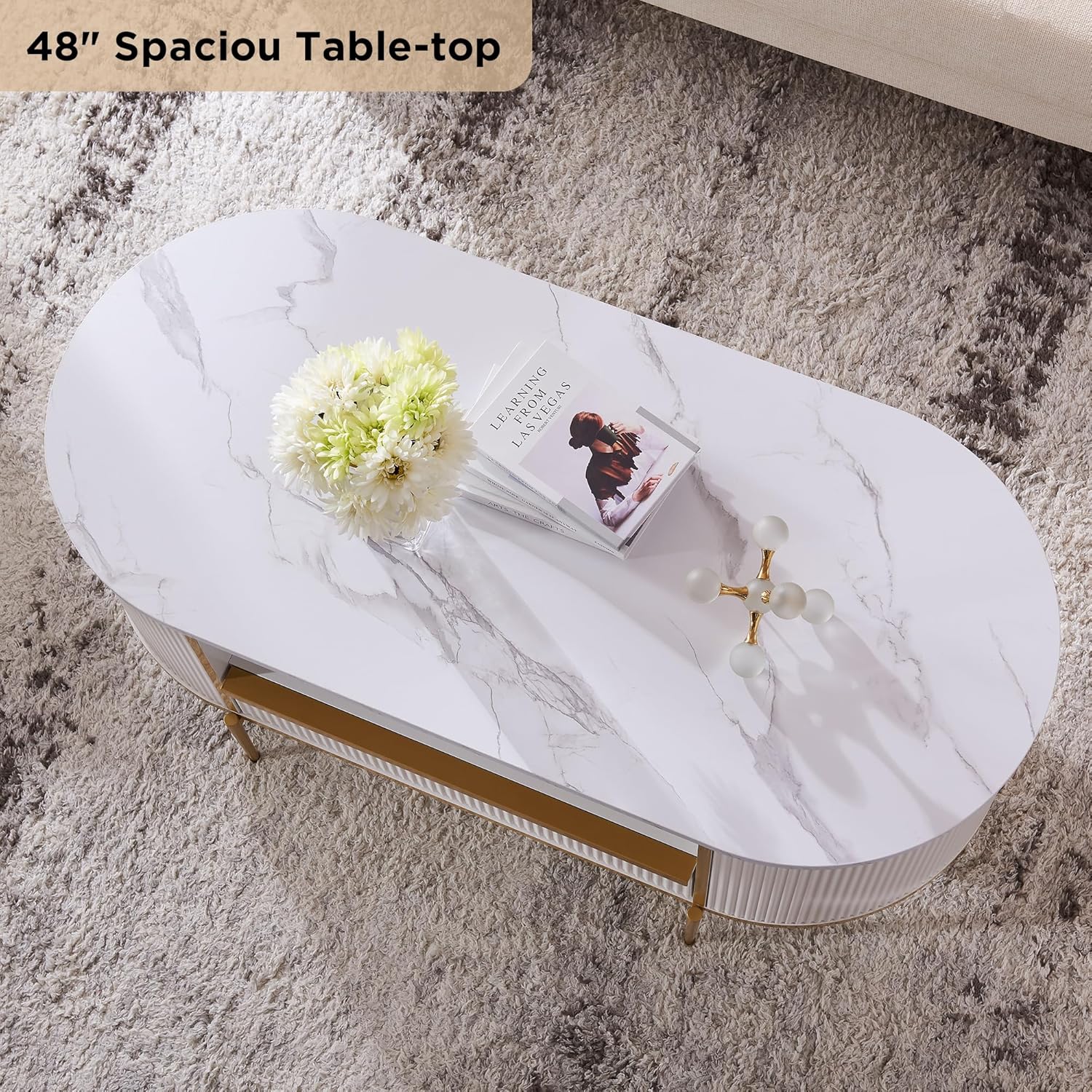 OKD Modern Luxury Grooved Coffee Table 48 Inch Oval Coffee Table Drawers Imitation Marble Top wourant