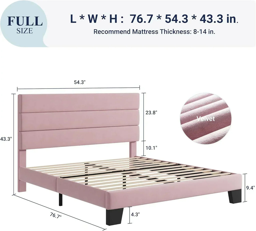 Allewie King size platform bed frame with velvet upholstered headboard and planks wourant