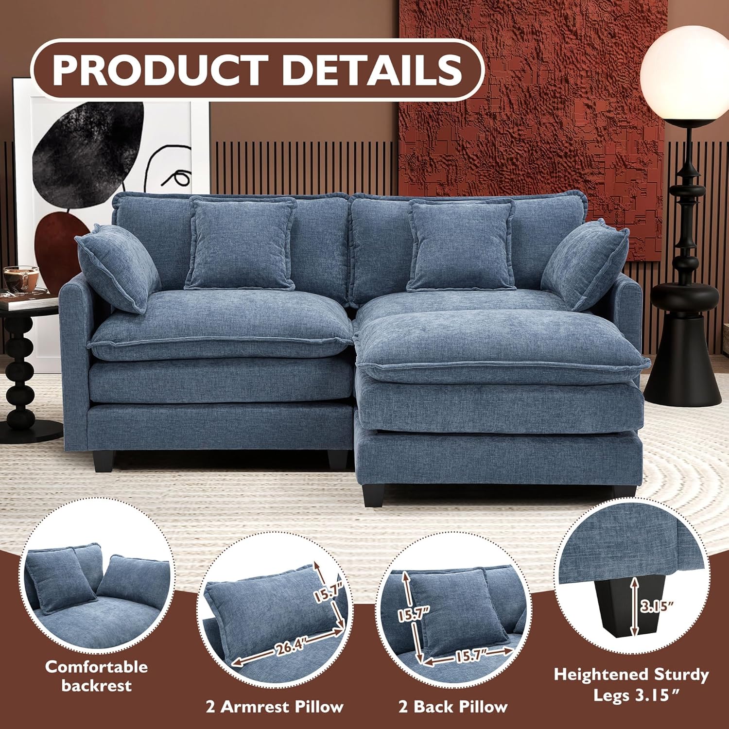 111.4 Inch L Shaped Modern Sofa Modular Cloud Sofa with Ottoman 4 Seater Chenille Deep Seat Sofa wourant