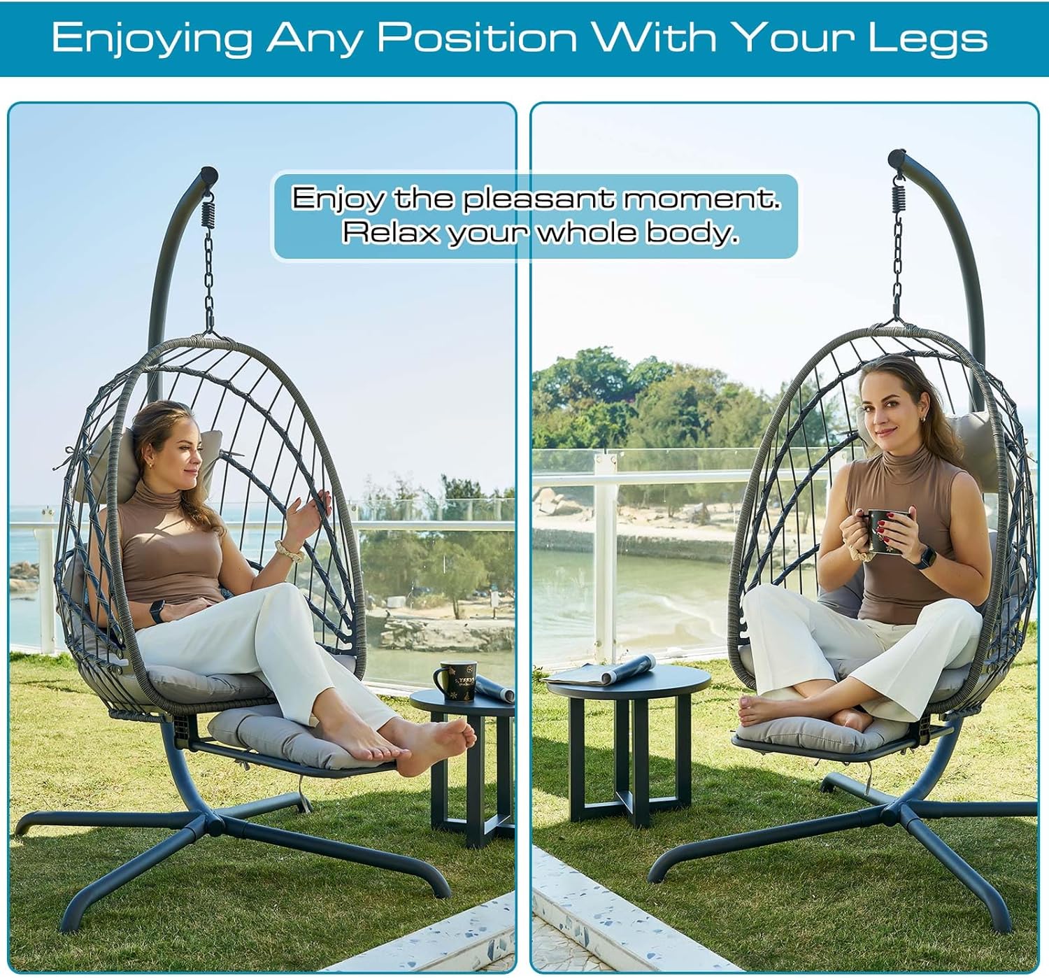 Hanging Egg Chair with Stand and Leg Rest Rattan Wicker Swing Hammock Chair UV-Resistant Cushion wourant