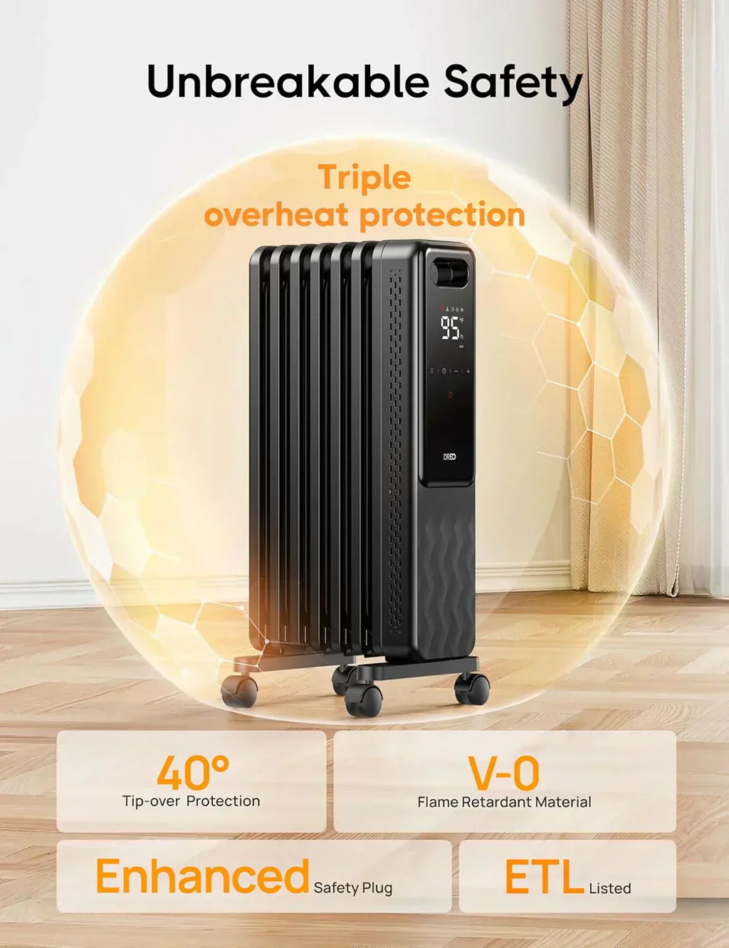 Indoor electric radiant heater with overheat and tip-over protection digital thermostat wourant