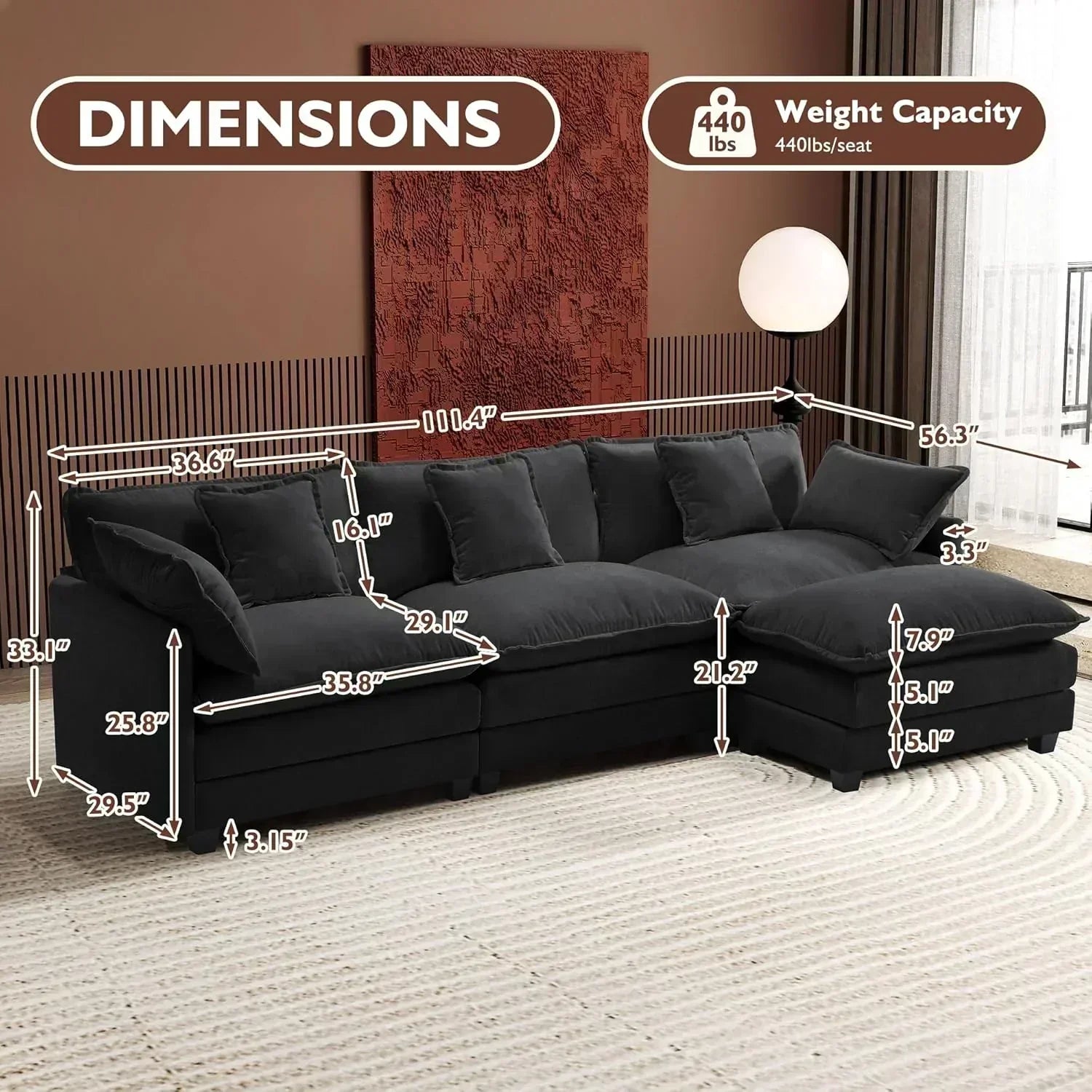 ihanherry 146-inch U-shaped modern sofa modular area cloud sofa wourant
