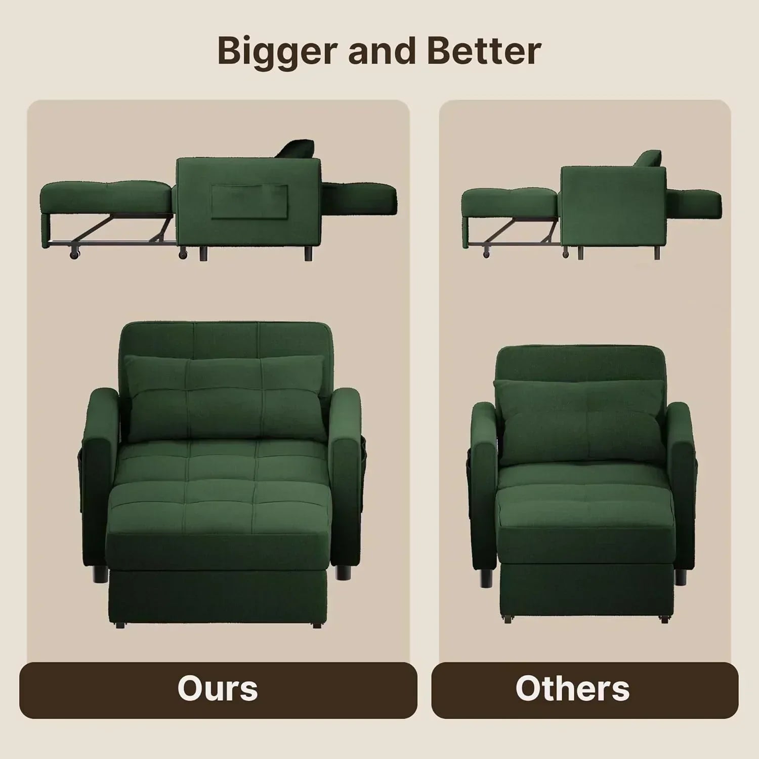 Sofa Bed Chair 3 in 1 Convertible Pullout Single Sleeper Chair Bed Spacious Multifunctional Sofa wourant