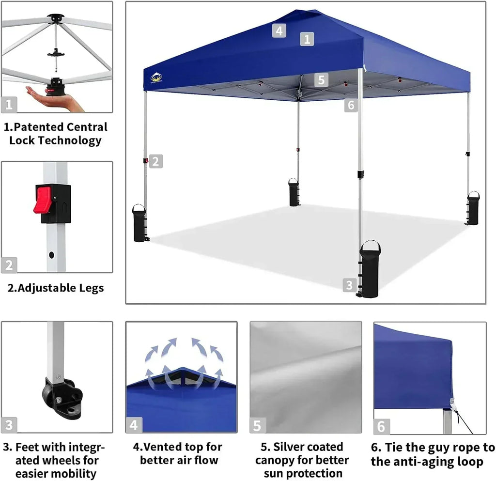 10x10 Pop-Up Awning One-Click Installation Beach Tent Outdoor Sunshade Silver Coated Top wourant