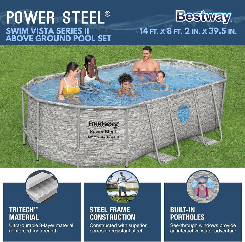 Power Steel Swim Vista Series II 14' x 8' 2" x 39.5" Above Ground Outdoor Swimming Pool Set wourant
