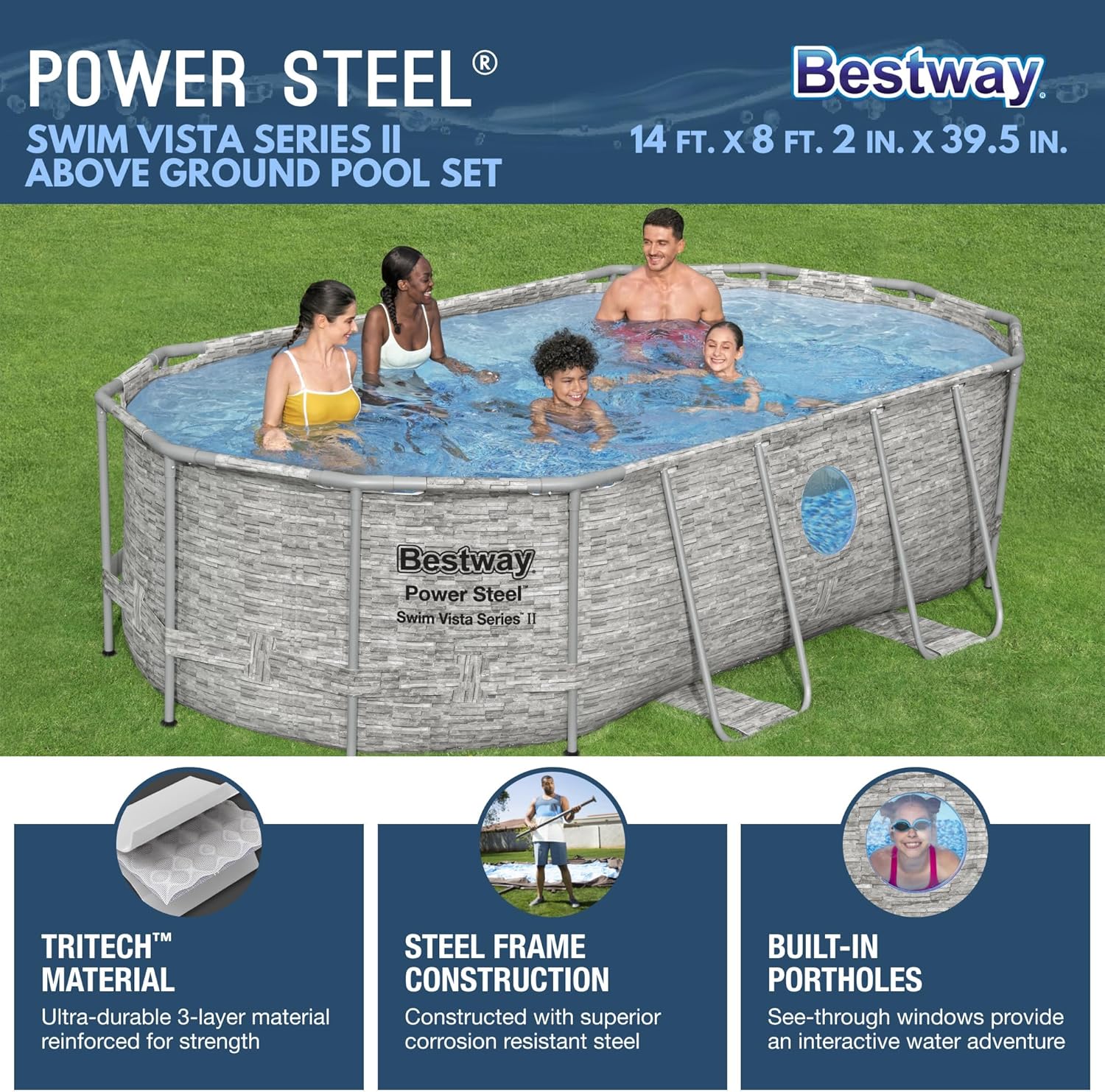 Power Steel Swim Vista Series II 14' x 8' 2" x 39.5" Above Ground Outdoor Swimming Pool Set wourant