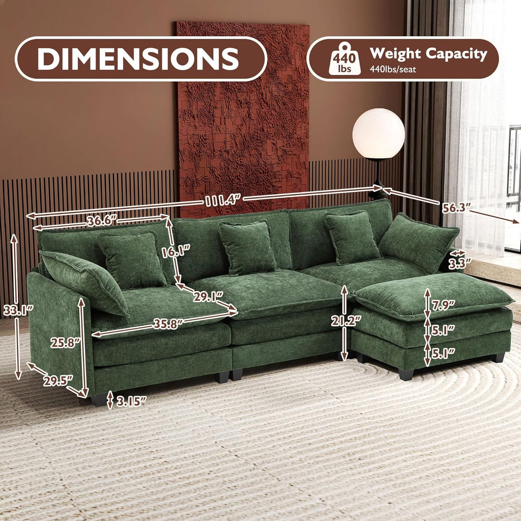 111.4 Inch L Shaped Modern Sofa Modular Cloud Sofa with Ottoman 4 Seater Chenille Deep Seat Sofa wourant