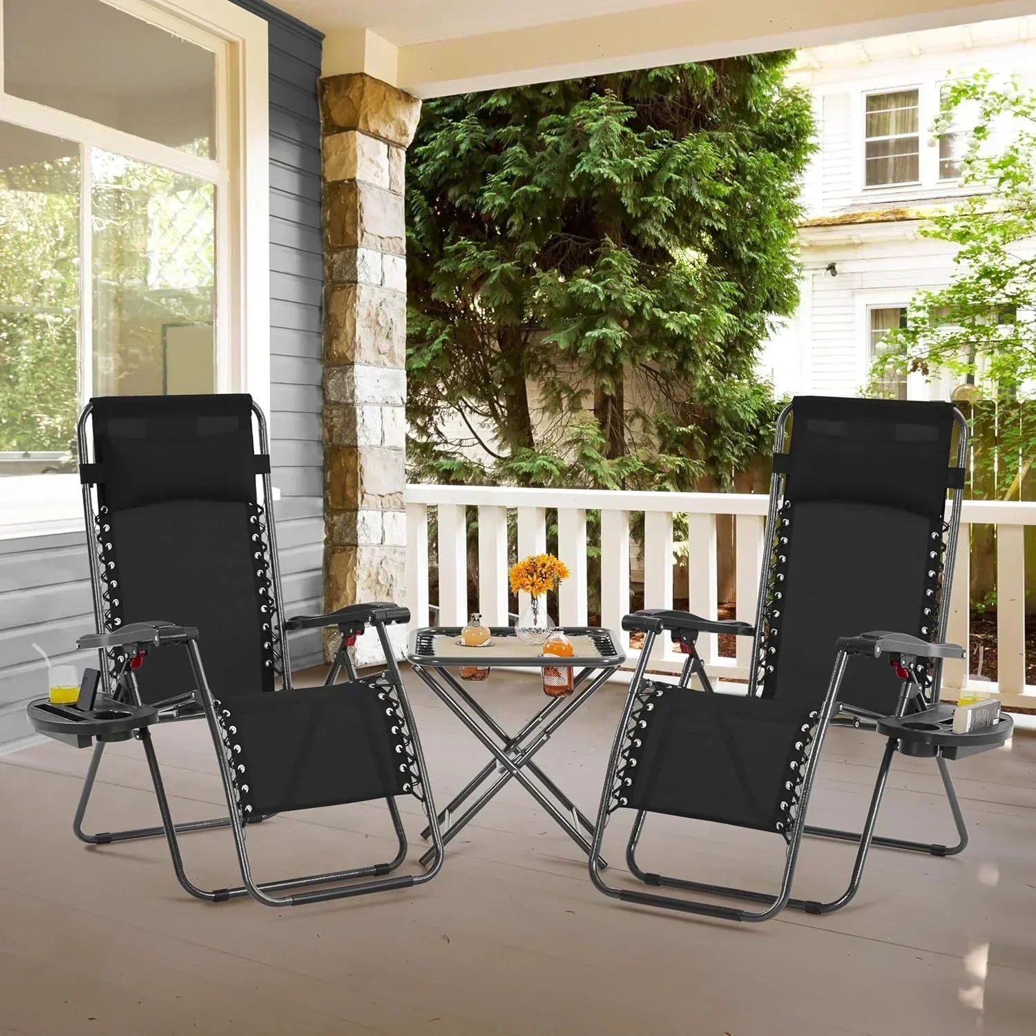 3PCS Zero Gravity Recliner Portable Outdoor Reclining Chair Set Side Table Lounge Chairs wourant