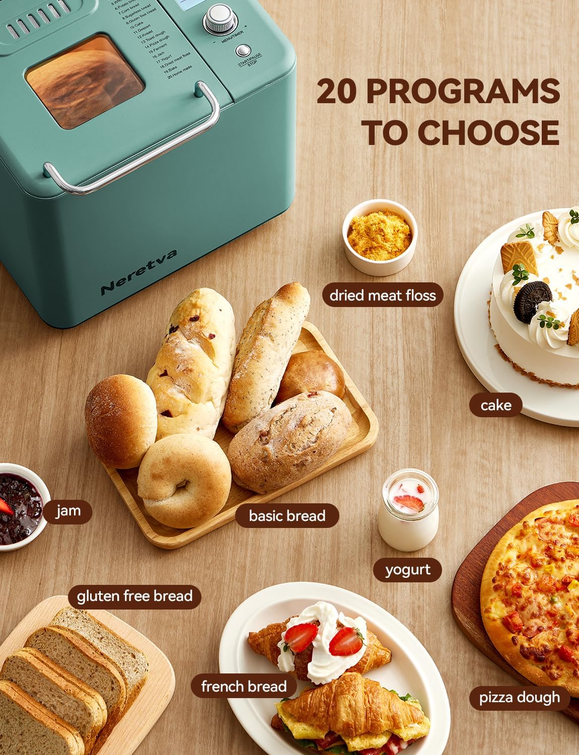 Neretva Bread Maker 20-in-1 2LB Bread Maker Dual Heater Bread Maker Automatic wourant