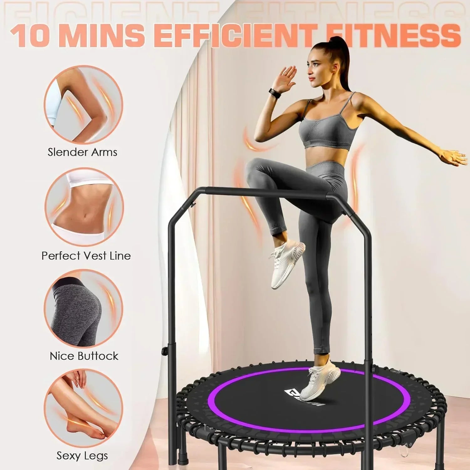 BCAN 450/550 LBS Foldable Mini Trampoline Fitness Trampoline Bungees Adjustable Foam Handle wourant