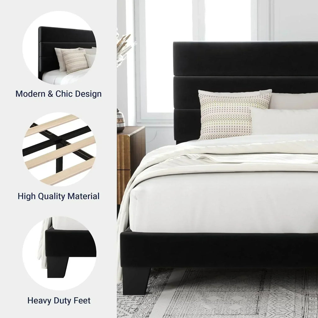 Allewie King size platform bed frame with velvet upholstered headboard and planks wourant