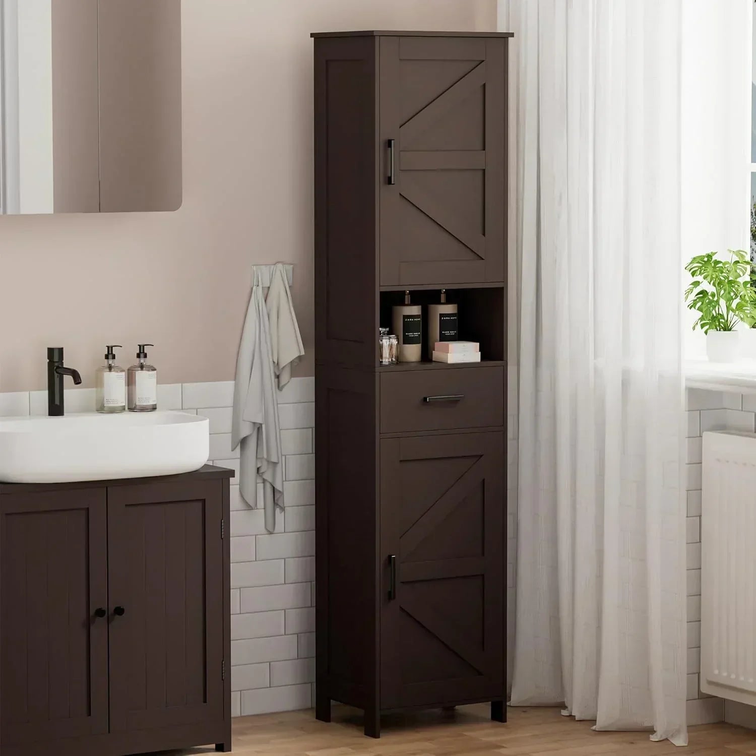 Homhedy 67" H Tall Bathroom Storage Cabinet with 2 Barn Doors and 1 Drawer Narrow Storage Unit wourant