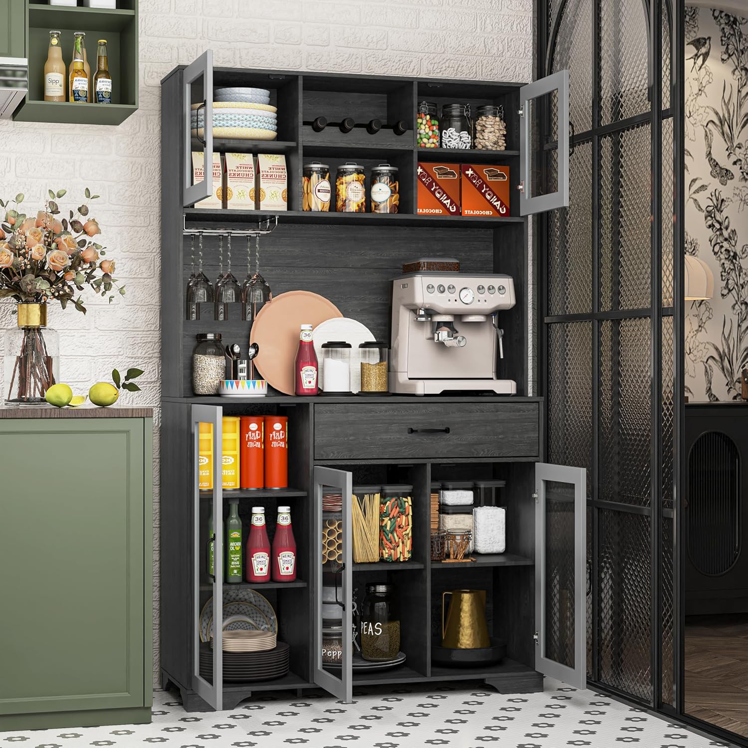 Kitchen Hutch Pantry Cabinet 71" Tall with Glass Doors wourant