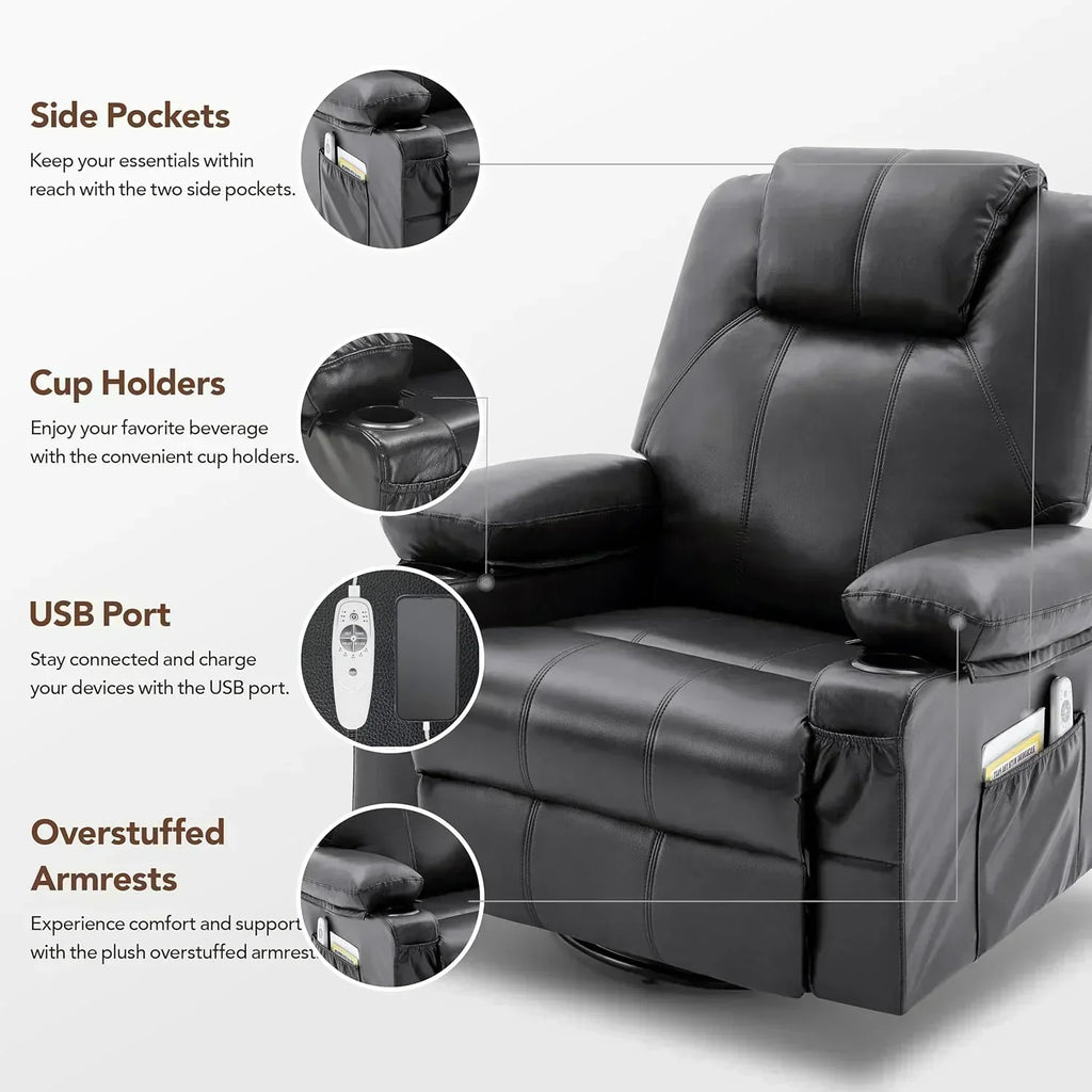 Large Swivel Rocking Recliner with Massage Function 360 Degree Swivel Rocking Single Sofa wourant