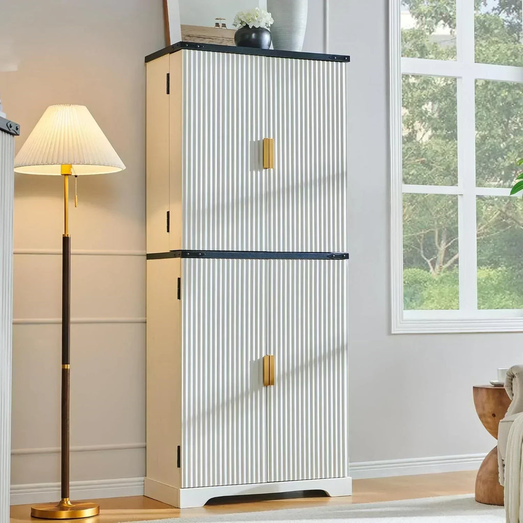 Fluted Pantry Cabinet 72" Tall Modern Storage Cabinet with 4 Doors Organizer Drawer wourant