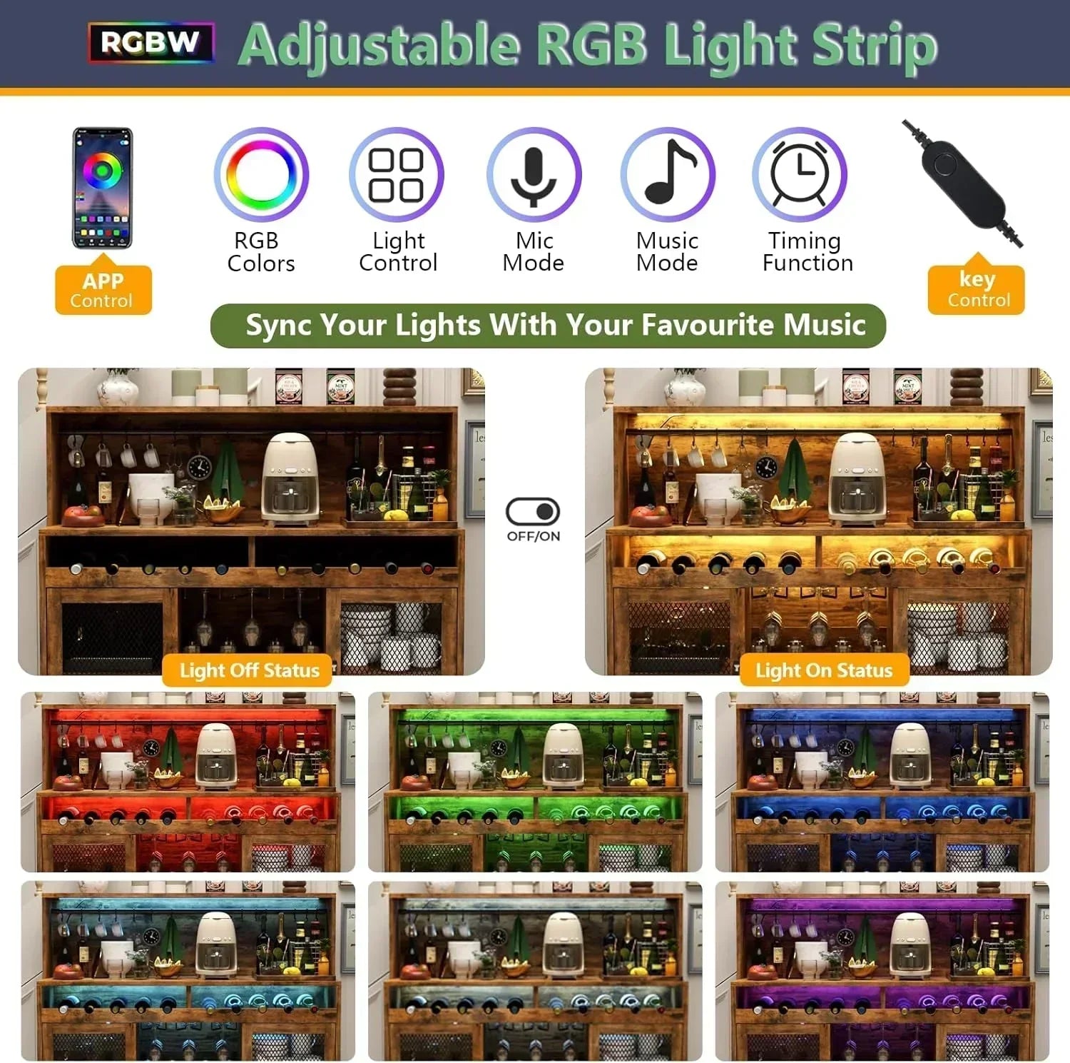 Wine Bar Cabinet with LED Light Liquor Cabinet with Glass Holder Coffee Bar for Liquor wourant