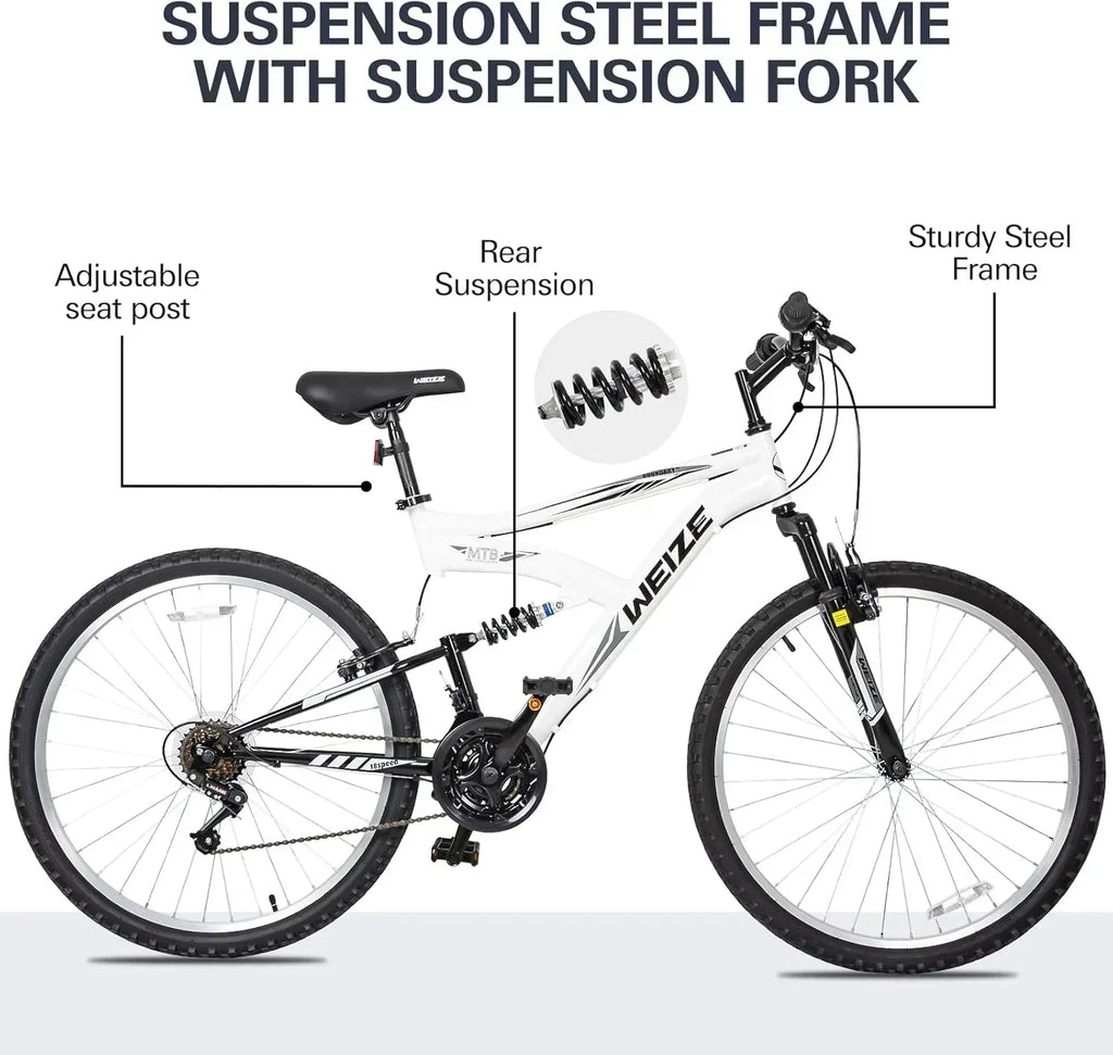 WEIZE Mountain Bike 26 27.5 inch Outdoor Hybrid Bikes 18-Speed High-Carbon Steel Full Suspension wourant