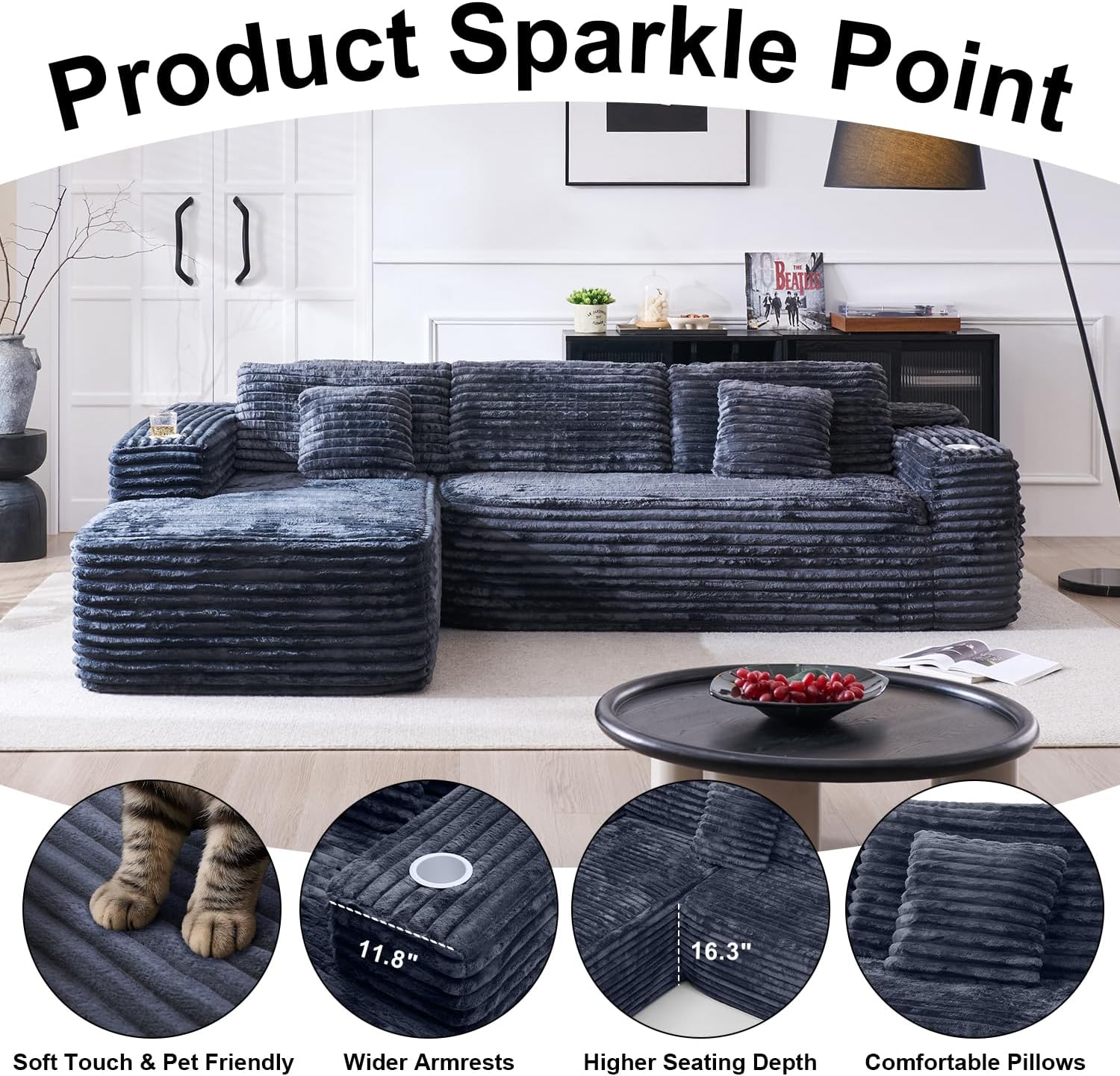 Cloud section sofa with L-shaped recliner modern modular sofa built-in cup holder wourant