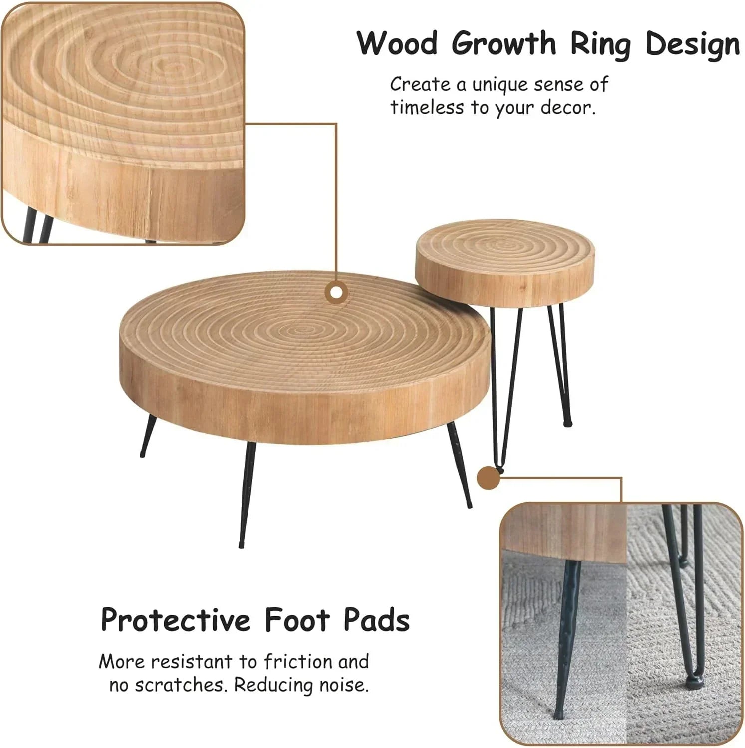 Two-Piece Modern Farmhouse Living Room Coffee Table Set Round Nesting Tables wourant