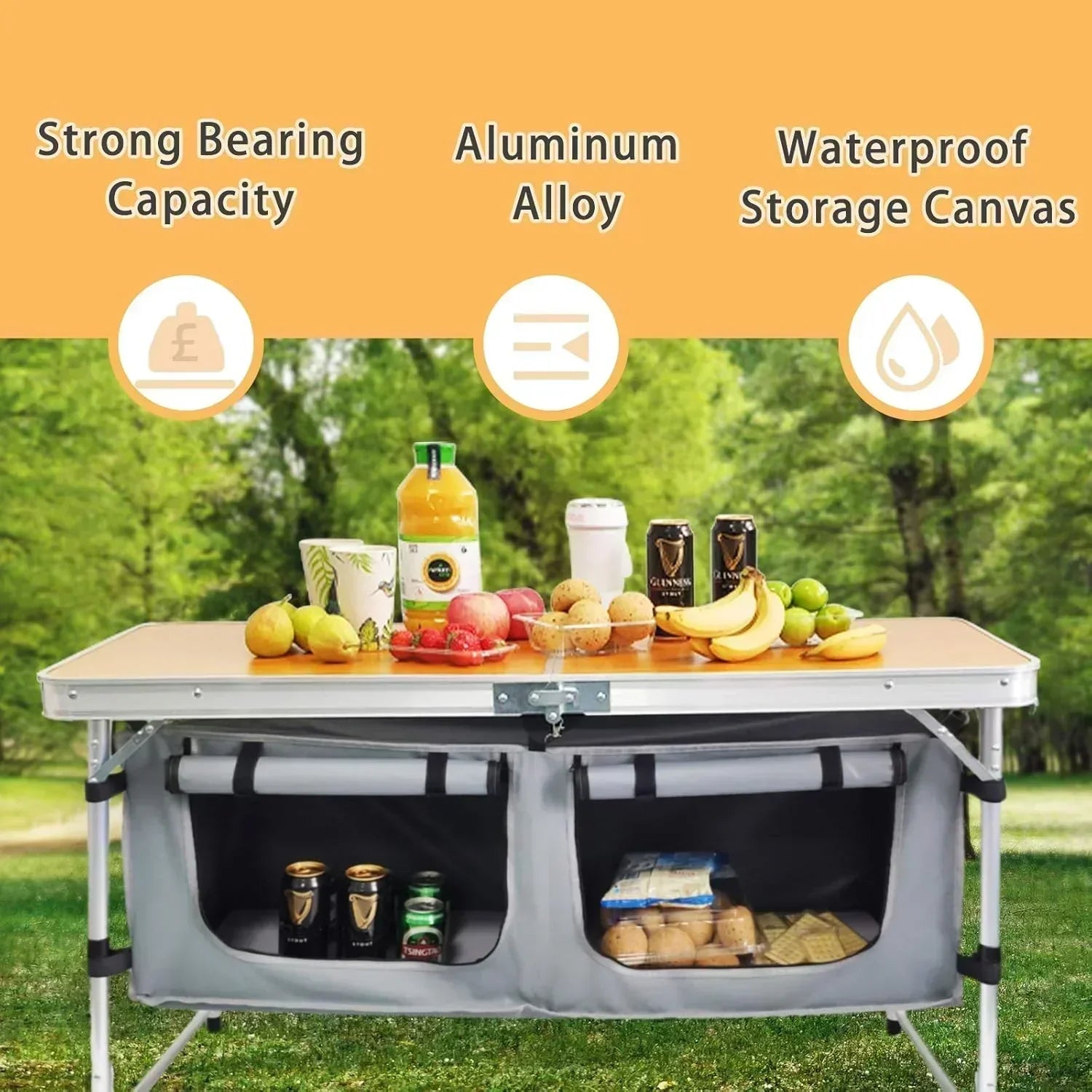 Outdoor Folding Table Aluminum Lightweight Height Adjustable with Storage Organizer wourant