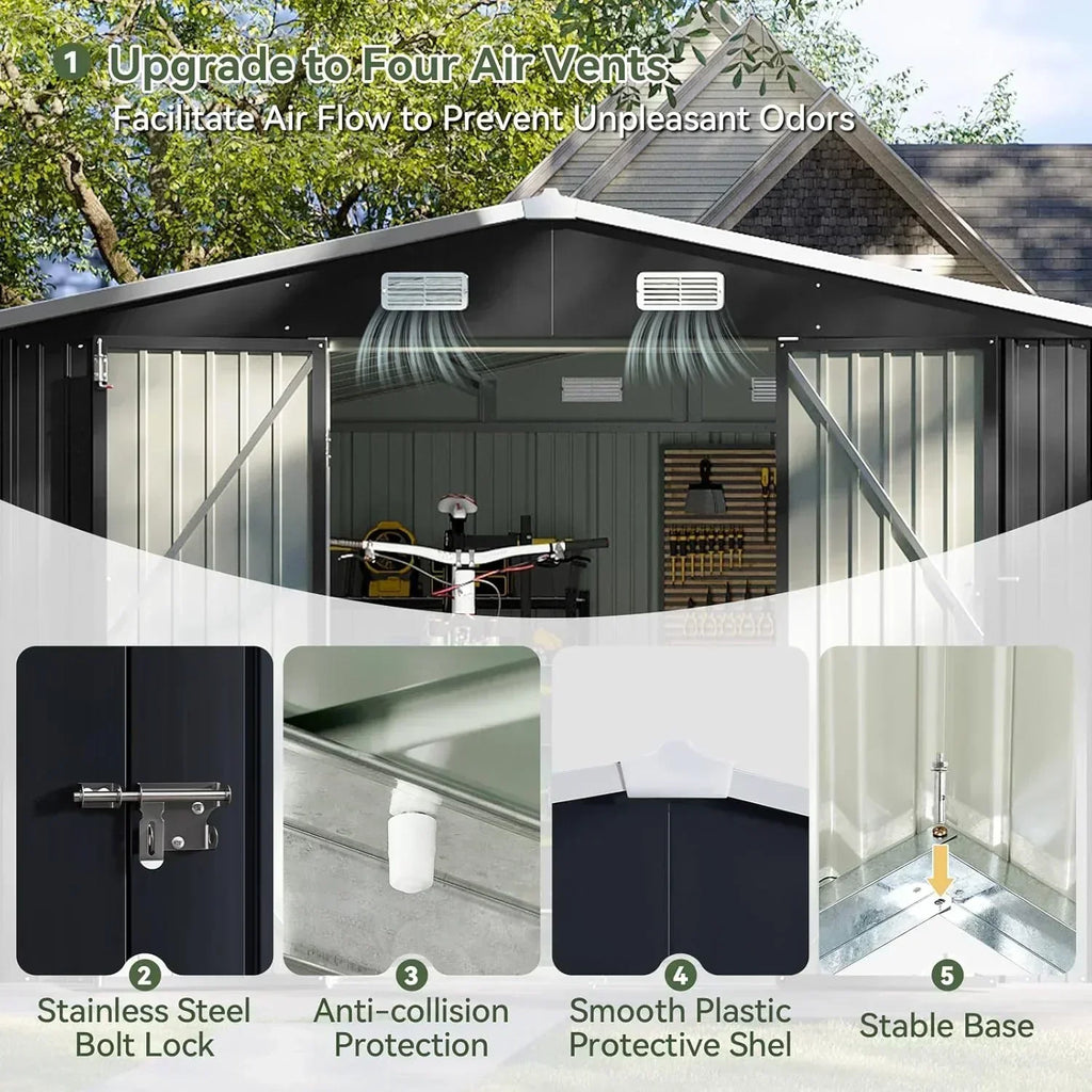Aoxun 12x10 FT Shed Metal Outdoor Waterproof Storage Shed Steel Utility Garden Tool Shed wourant