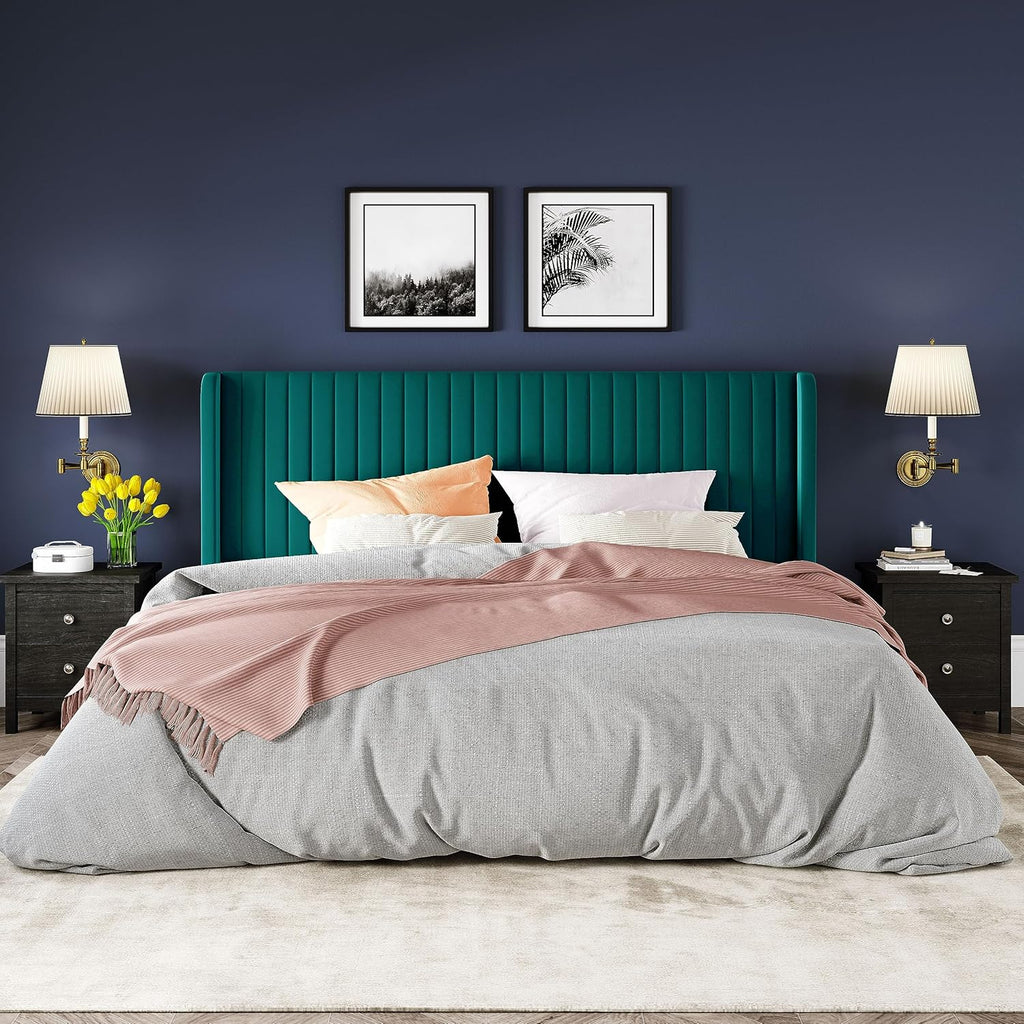 Allewie Full Size Velvet Bed Frame Vertical Channel Tufted Wingback Headboard Upholstered Bed wourant