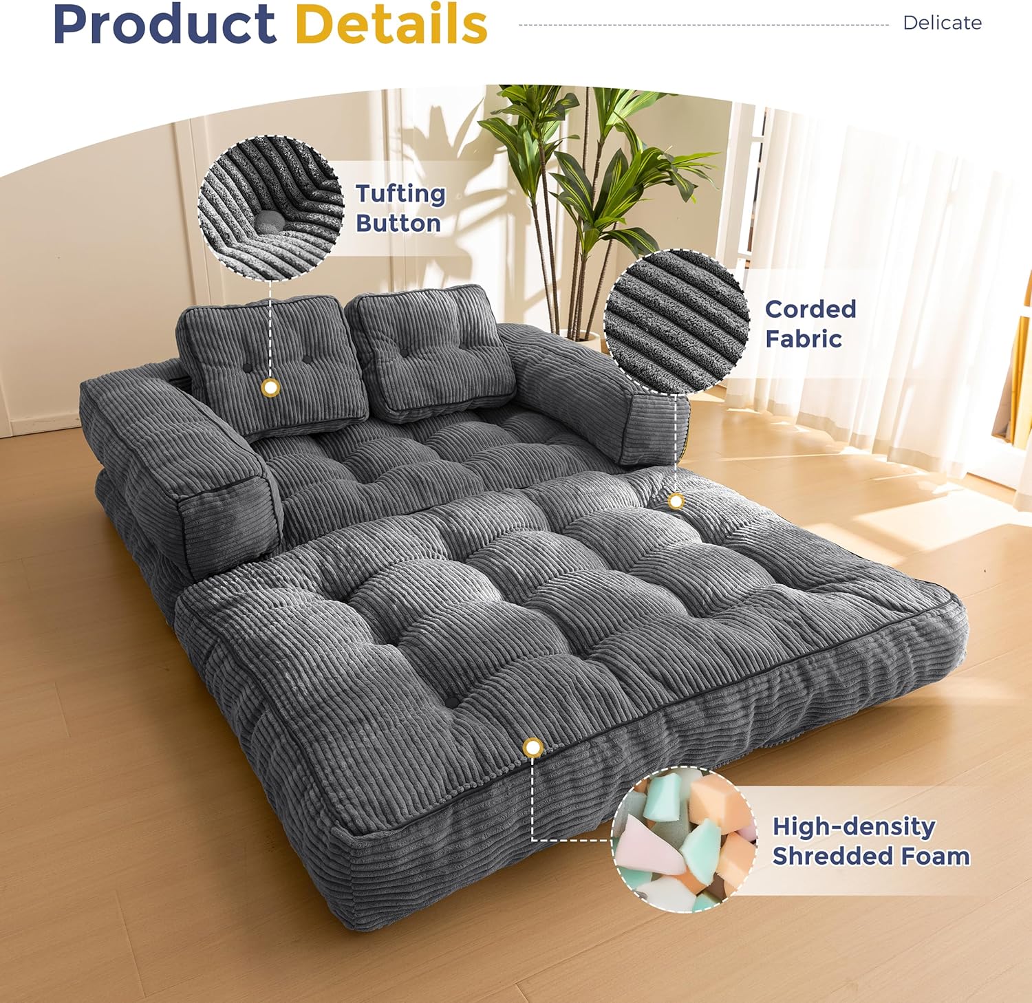 Folding Sofa Bed L-Shaped Convertible Sofa Bed with Armrests and Pillows wourant