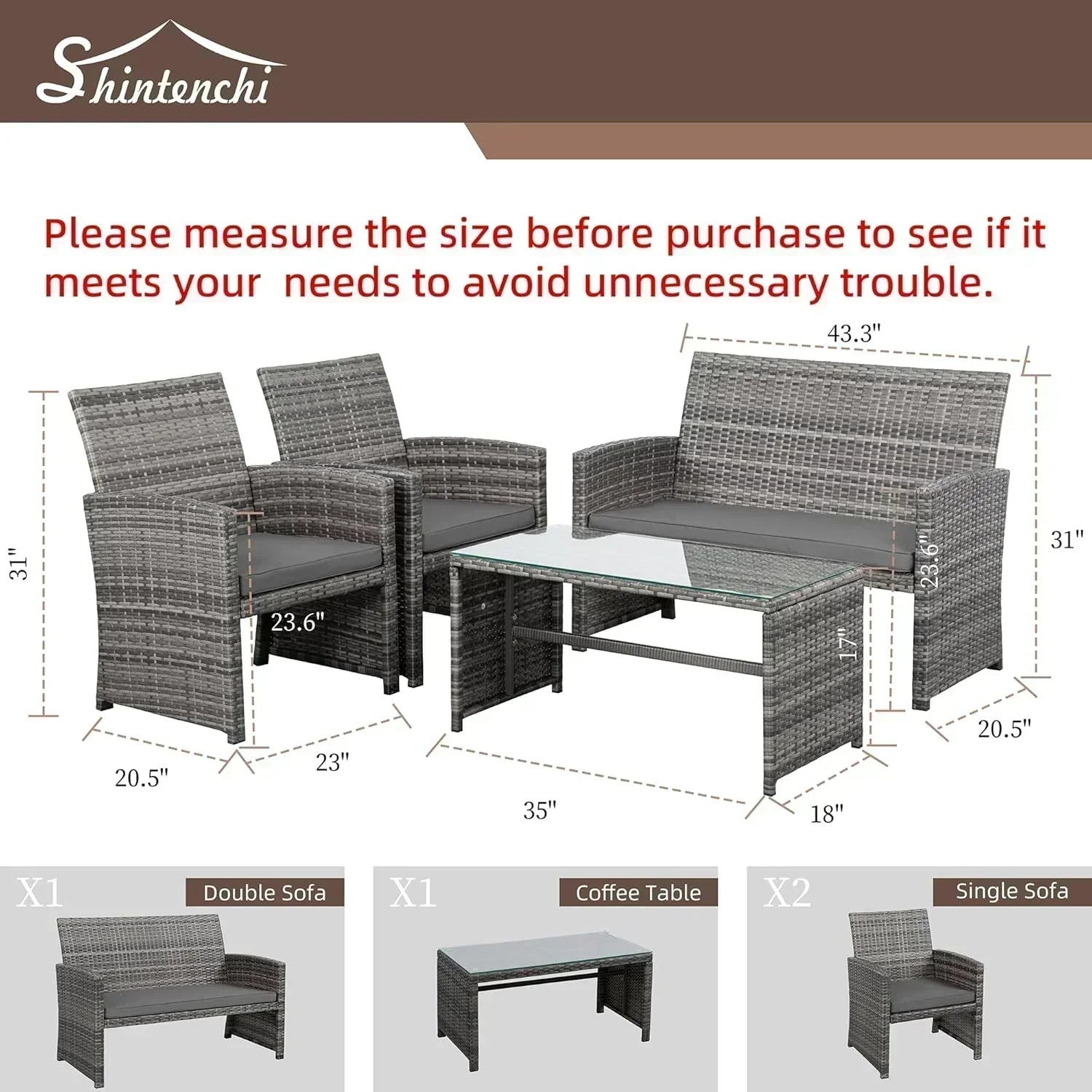 Shintenchi 4 Piece Patio Ratten Set Outdoor Furniture Set Wicker Conversation Set wourant
