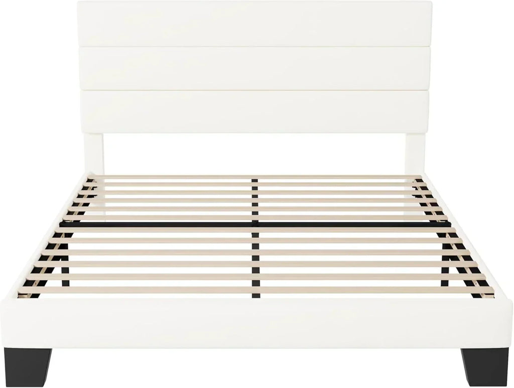 Allewie King size platform bed frame with velvet upholstered headboard and planks wourant