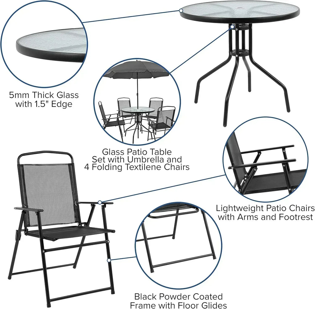 EMMA + OLIVER 6 Piece Brown Patio Garden Set with Umbrella Table Set of 4 Folding Chairs wourant